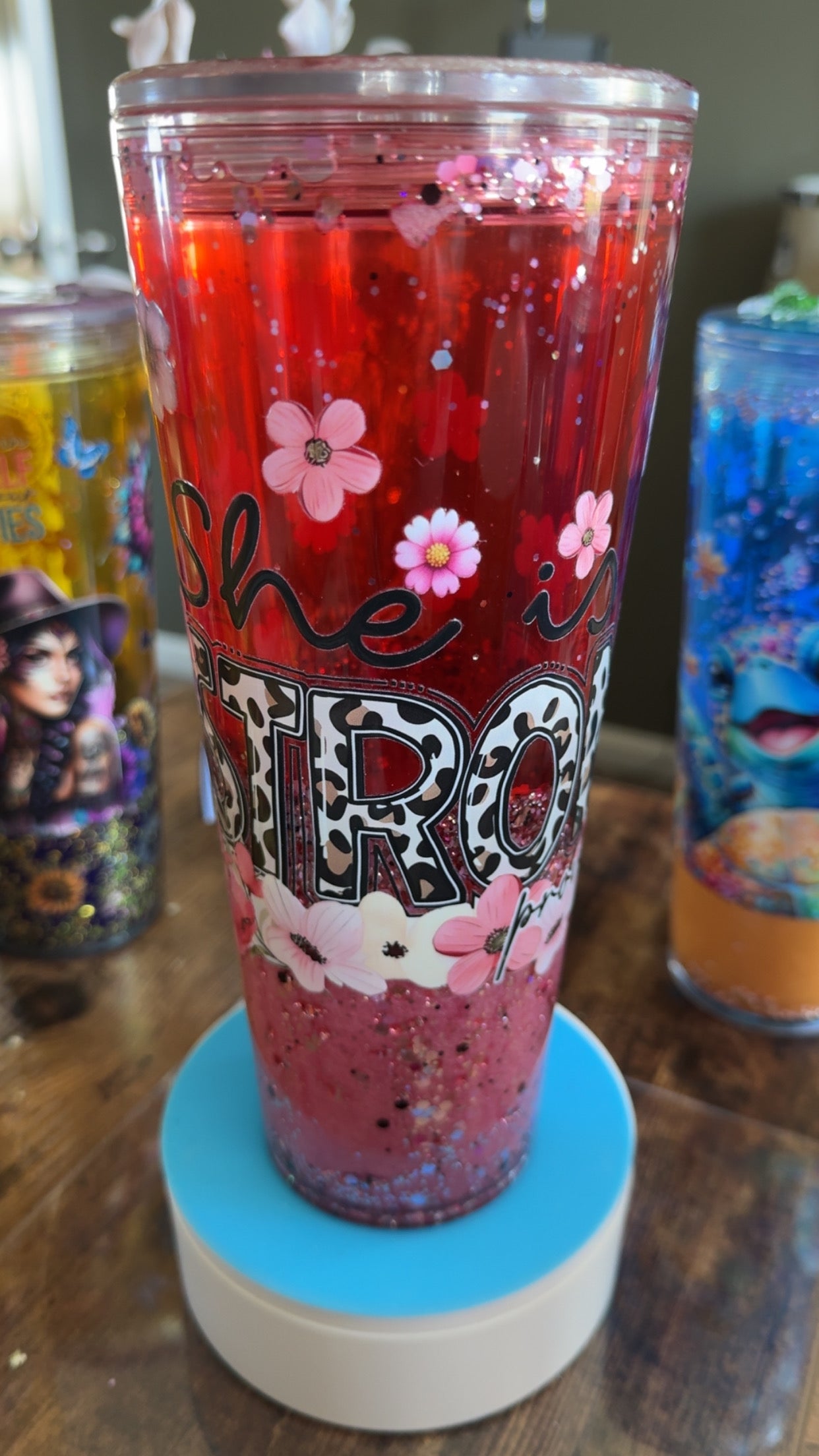 She is Strong 24oz Pink Mica Lava Waterfall Glitter Acrylic Tumbler with Swirl Resin Lid