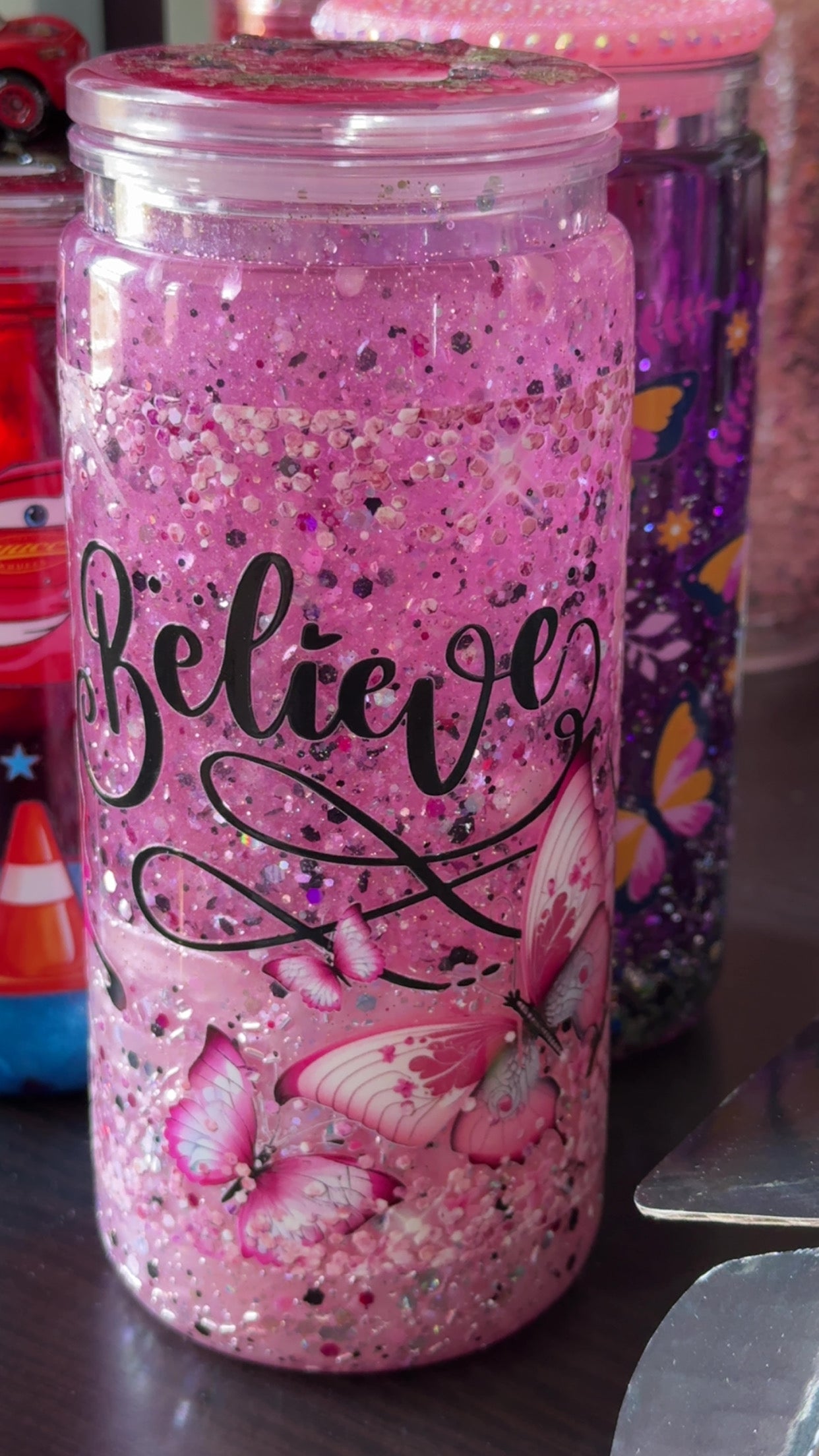 Believe & Butterflies 20oz Pink Mica Lava Waterfall Glitter Acrylic Tumbler with Real Pressed Flower Lid