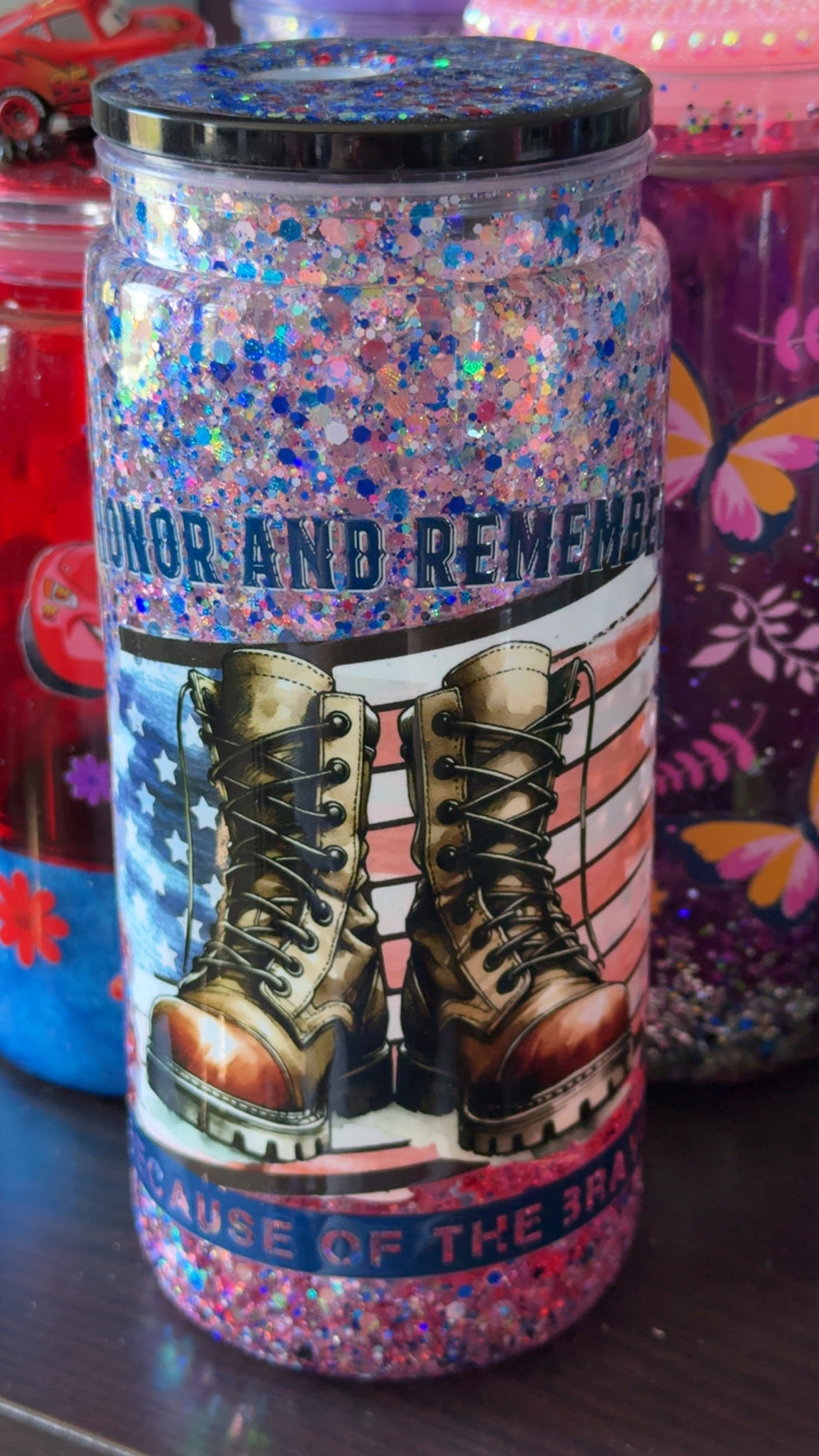 Honor and Remember Because of the Brave 20oz Patriotic Glitter Acrylic Tumbler