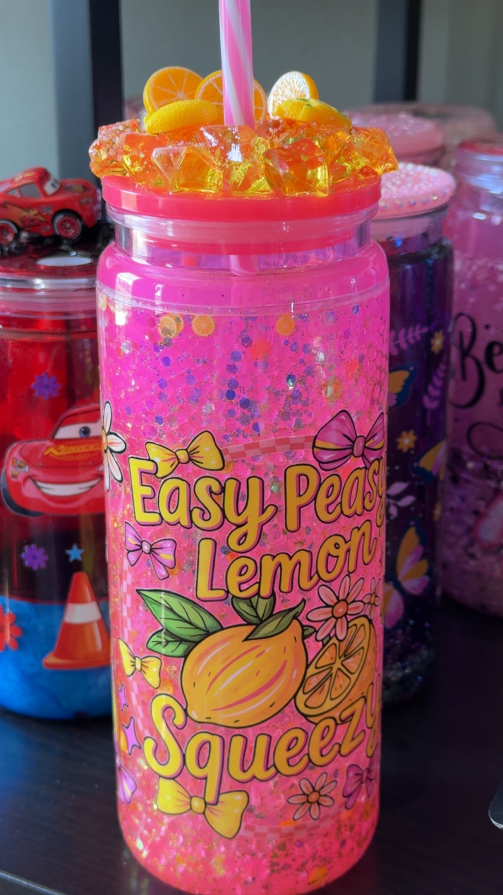Easy Peasy Lemon Squeezy 20oz Pink Glitter Acrylic Tumbler with Lemon Resin Lid