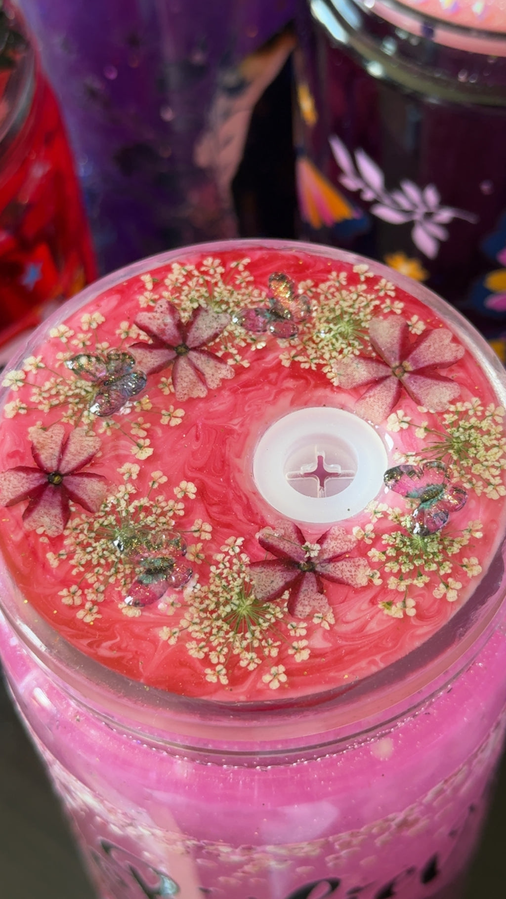 Believe & Butterflies 20oz Pink Mica Lava Waterfall Glitter Acrylic Tumbler with Real Pressed Flower Lid