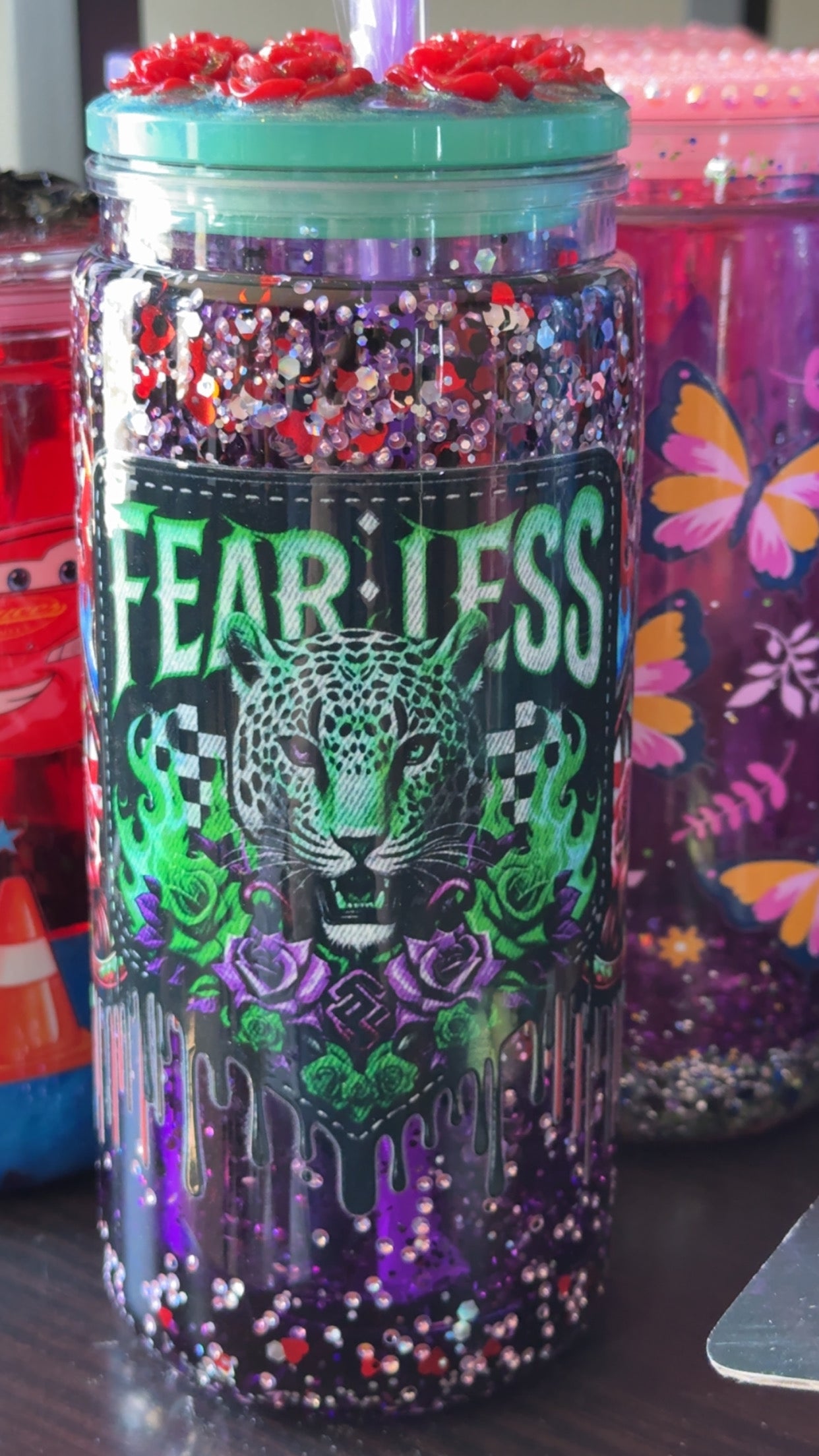 Fear Less Leopard & Roses 20oz Waterfall Glitter Acrylic Tumbler with Red Rose Lid
