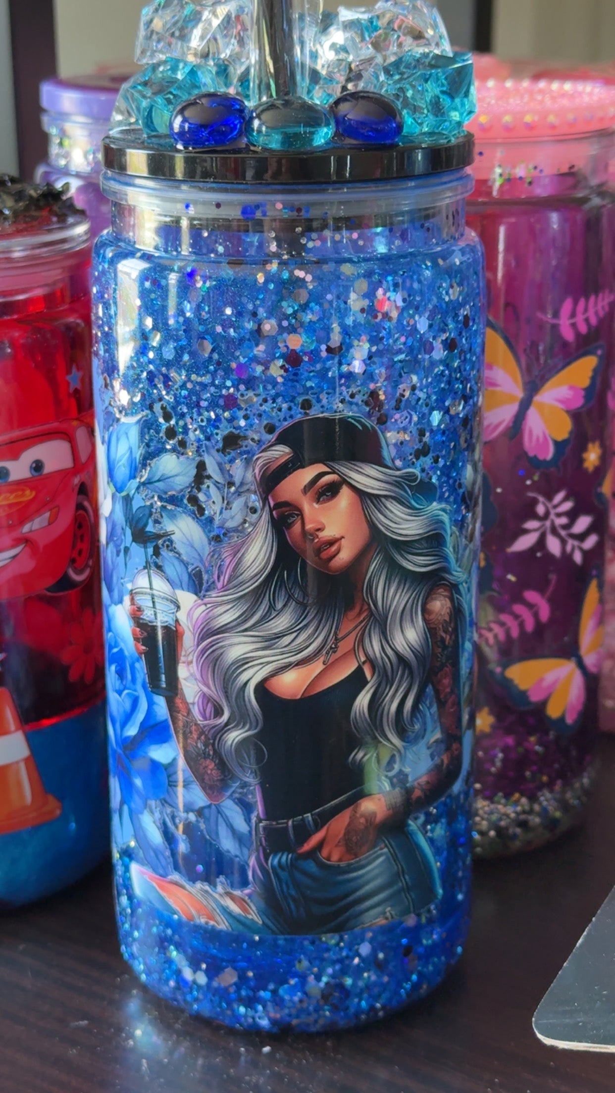 Tattooed Beauty Blue Waterfall Glitter 20oz Acrylic Tumbler with Iced Gem Lid