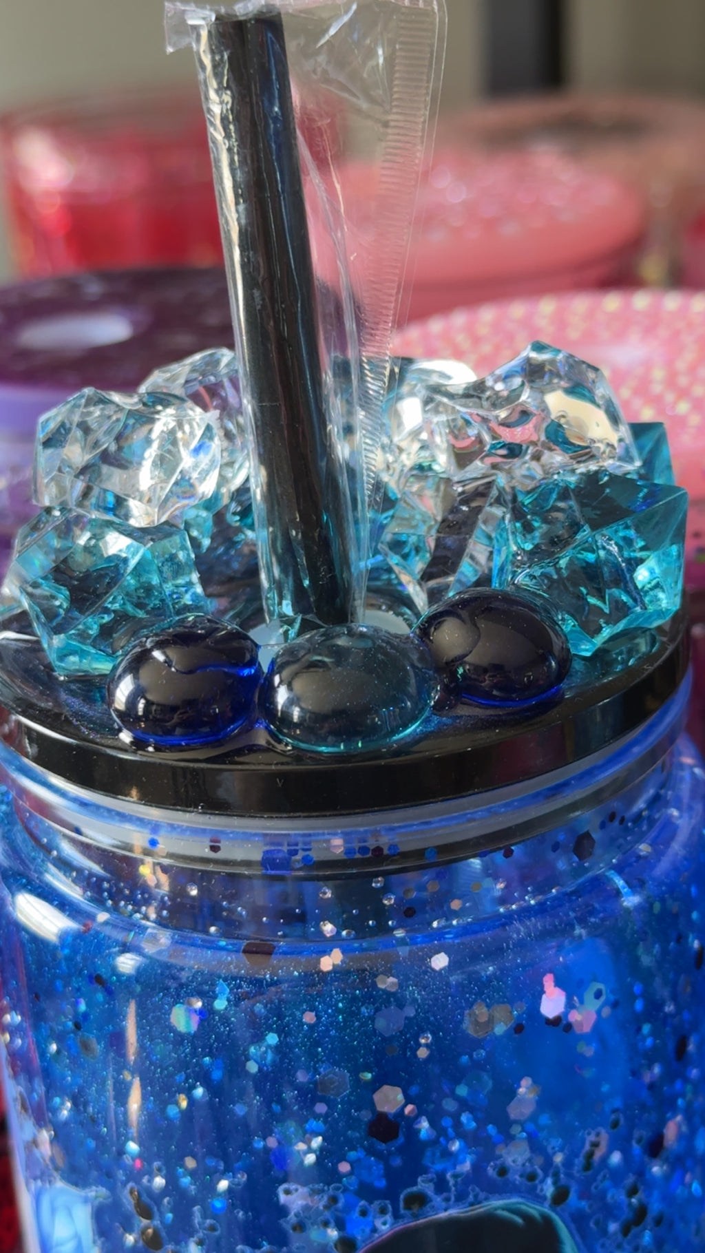 Tattooed Beauty Blue Waterfall Glitter 20oz Acrylic Tumbler with Iced Gem Lid