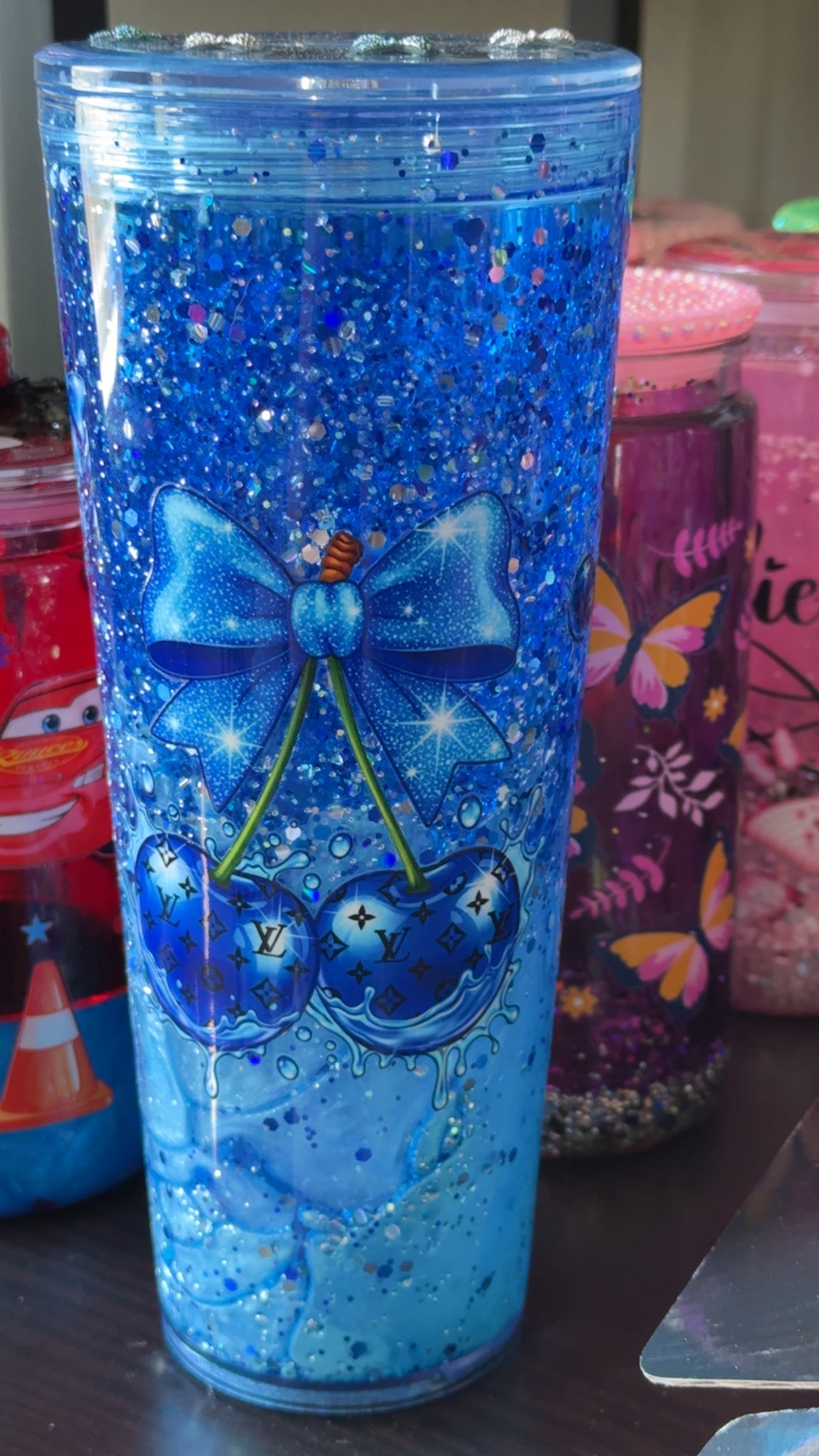 Blue Bow & Cherry Coquette 24oz Glitter Acrylic Tumbler with Custom Blue Bow Lid