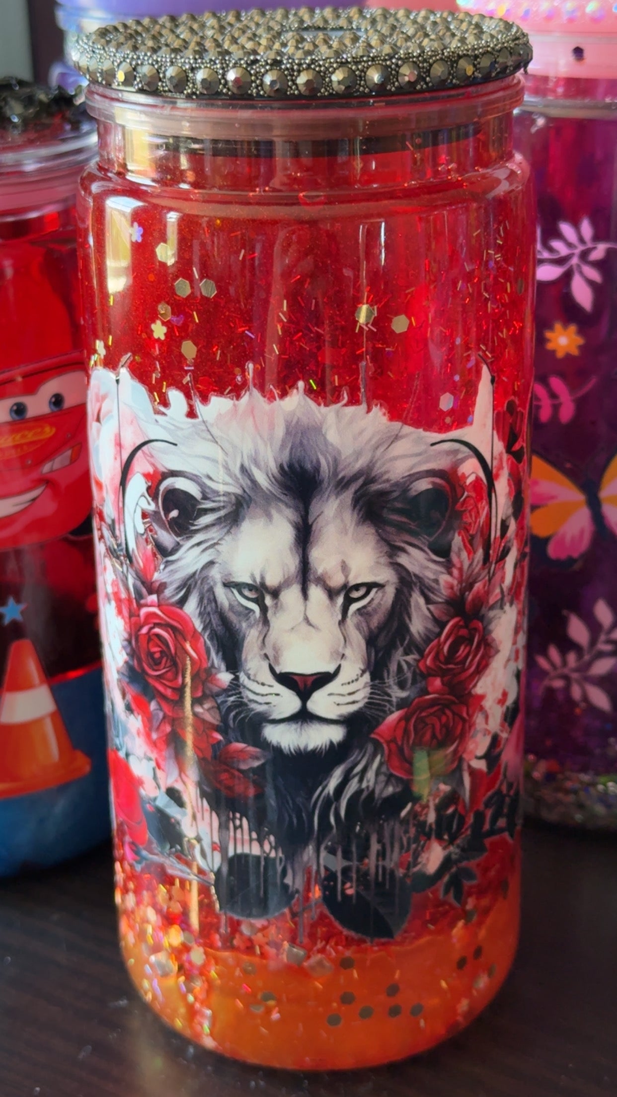 Majestic Lion & Roses 20oz Red Glitter Acrylic Tumbler with Black Rhinestone Lid