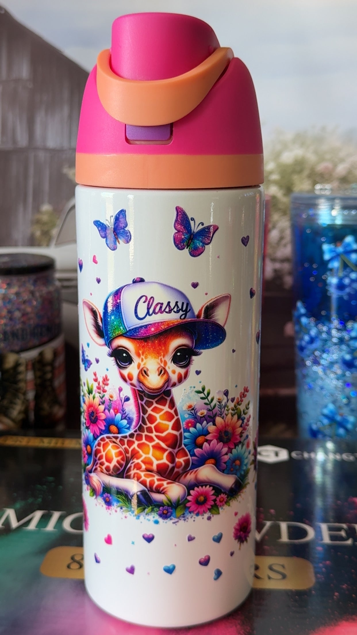 Classy Giraffe Butterfly Floral 24oz Sport Tumbler