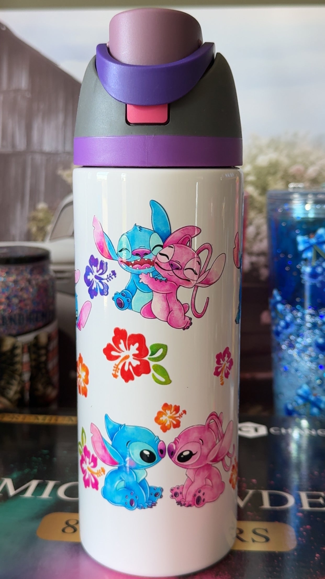 Blue & Pink Alien Friends Hawaiian Hibiscus 24oz Sport Tumbler