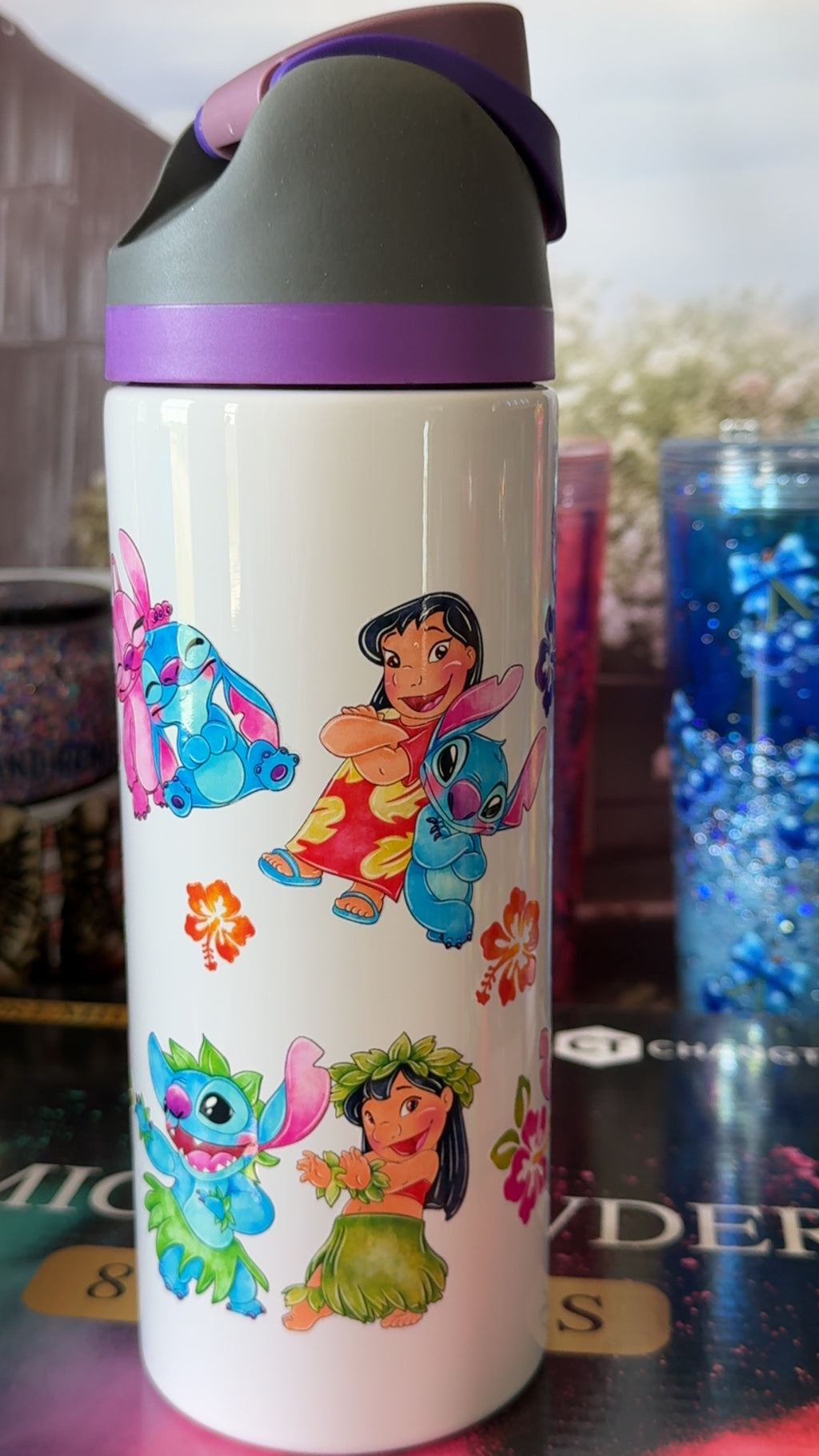 Blue & Pink Alien Friends Hawaiian Hibiscus 24oz Sport Tumbler