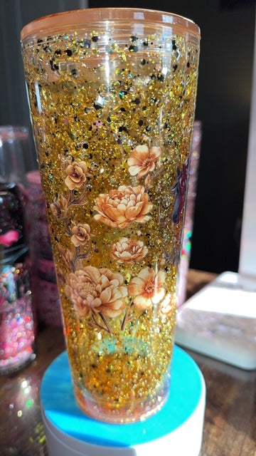 Black Floral Horse Gold Glitter Tumbler with Decorative Lid