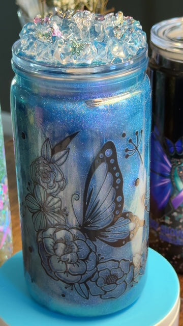 16oz Color Shifting Acrylic Snow Globe Cup with Custom Butterfly Lid