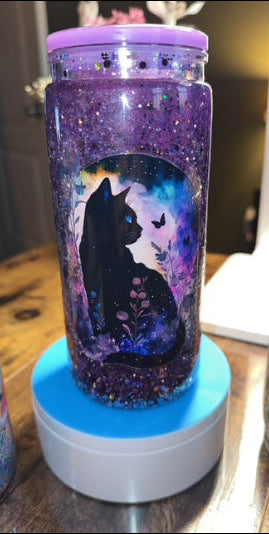Midnight Black Cat 20oz Purple Glitter Acrylic Tumbler