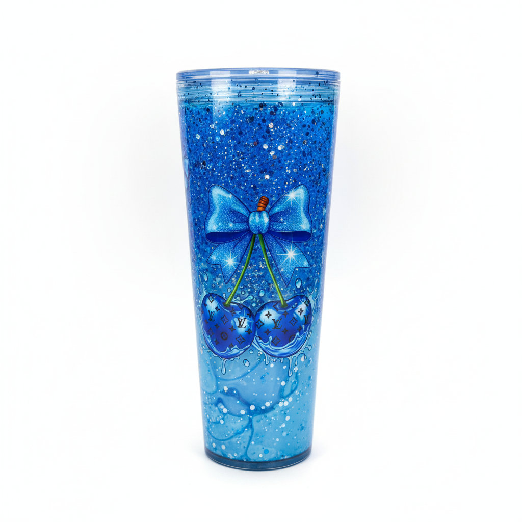 Blue Bow & Cherry Coquette 24oz Glitter Acrylic Tumbler front