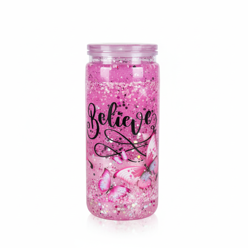 Believe & Butterflies 20oz Pink Glitter Acrylic Tumbler front