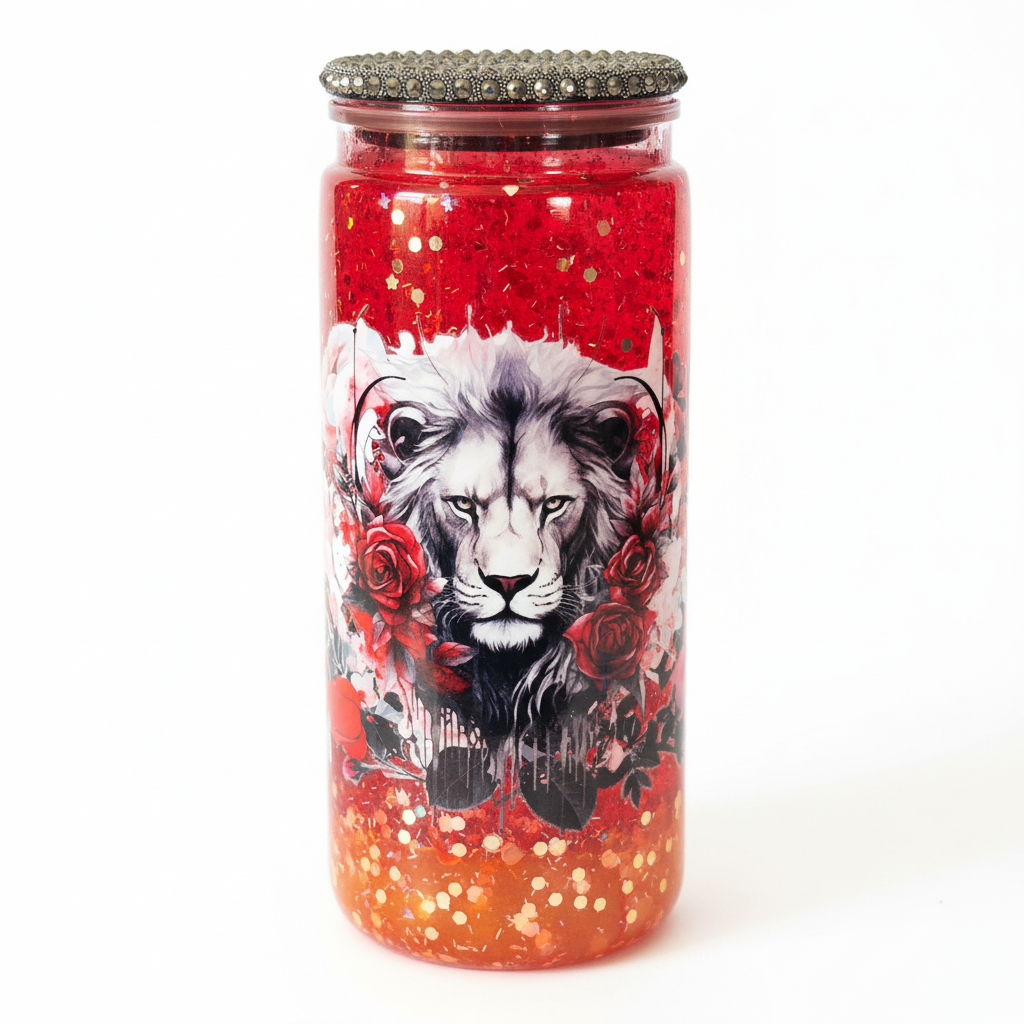 Majestic Lion & Roses 20oz Red Glitter Acrylic Tumbler front