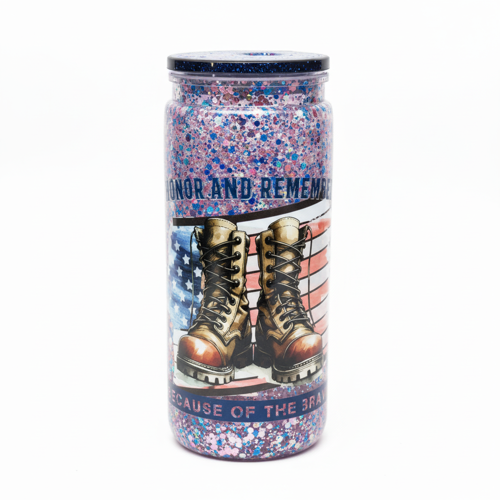 Honor and Remember Because of the Brave 20oz Patriotic Glitter Tumbler front