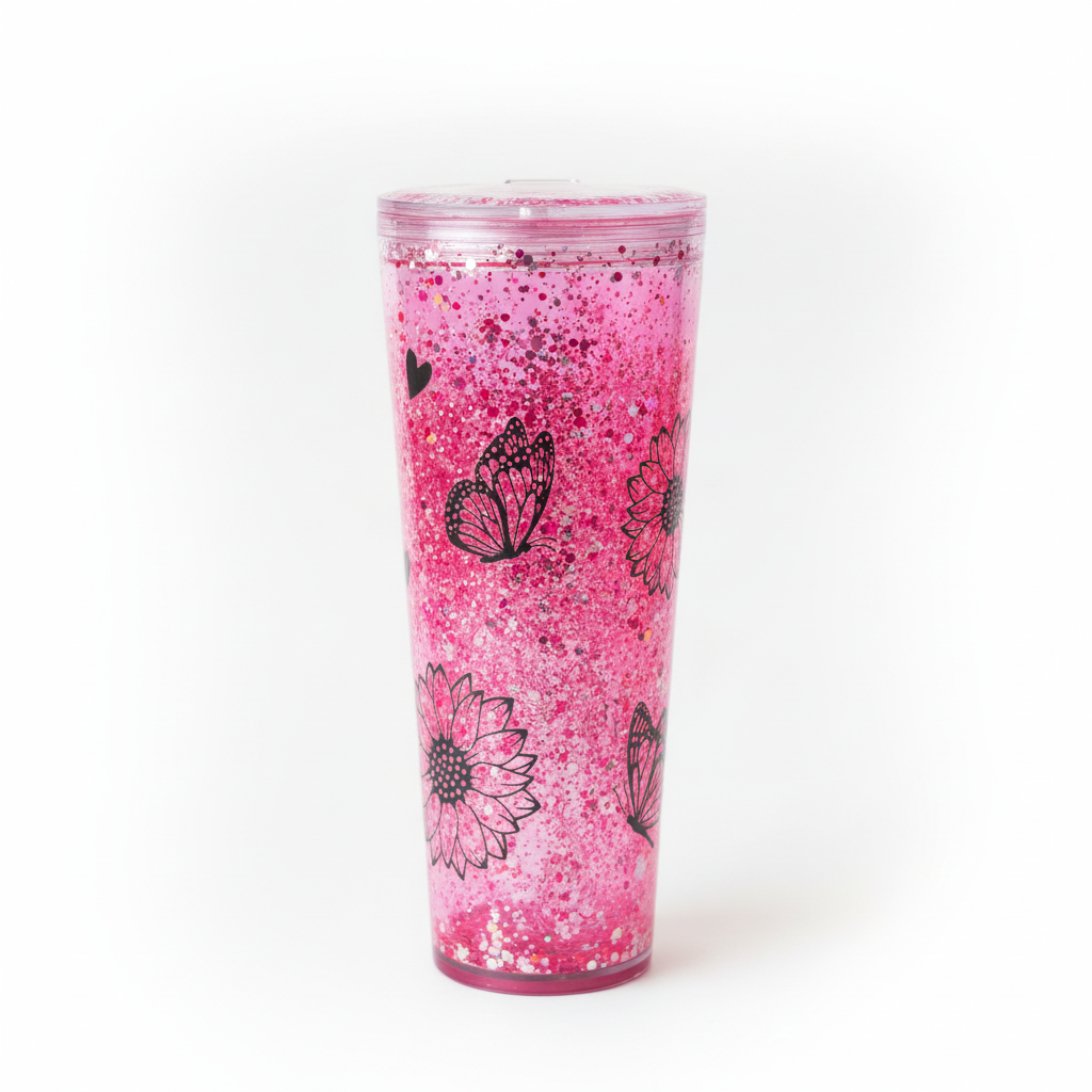Flowers & Butterflies 24oz Waterfall Glitter Acrylic Tumbler front
