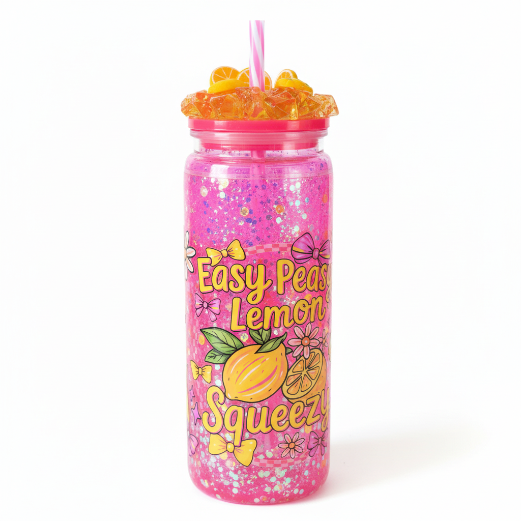 Easy Peasy Lemon Squeezy 20oz Pink Glitter Acrylic Tumbler front